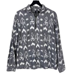 Stussy (M) Beach Cotton Half Zip Pullover Sweater Gray Ikat Print